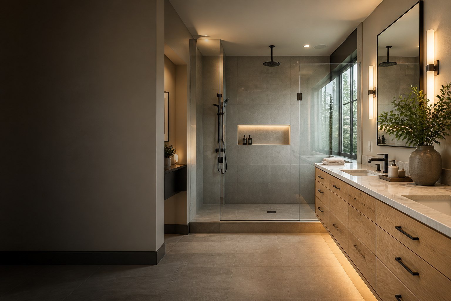 High-end bathroom with a glass walk-in shower and custom oak vanity